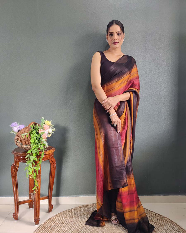 Orange Colour 1-Minute Ready To Wear Naylon Saree With Blouse Piece