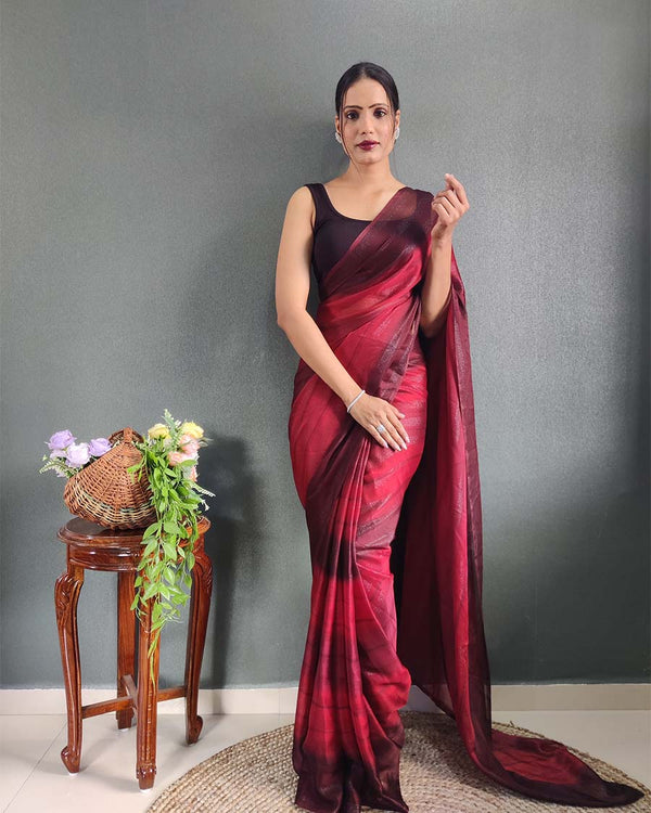 maroon Colour 1-Minute Ready To Wear Naylon Saree With Blouse Piece