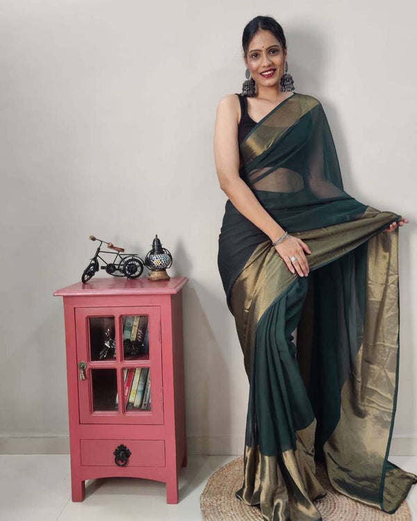 Green Colour 1-Minute Ready To Wear Georgette Saree With Blouse Piece