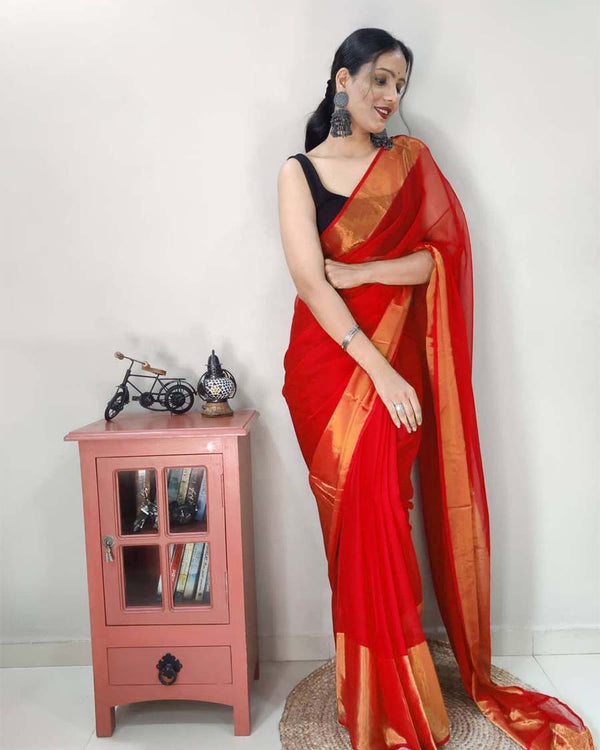 Red Colour 1-Minute Ready To Wear Georgette Saree With Blouse Piece