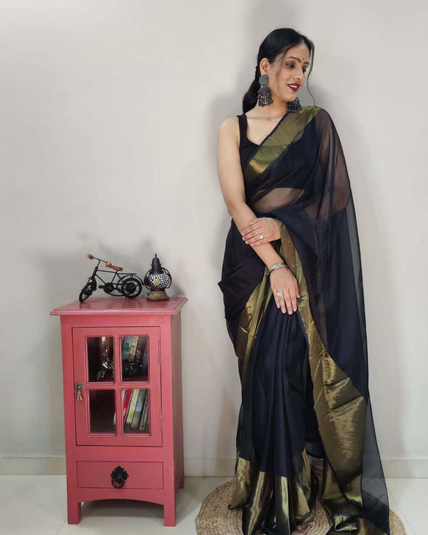 Black Colour 1-Minute Ready To Wear Georgette Saree With Blouse Piece