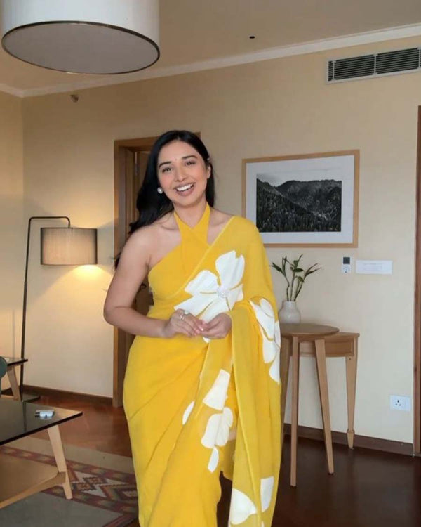 Yellow Color 1-Minute Ready To Wear Georgette Saree With Blouse Piece