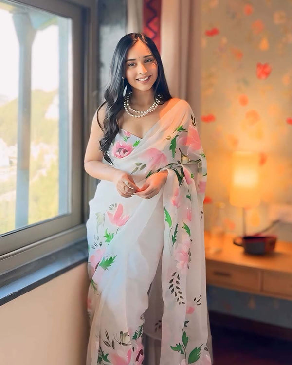 White Color 1-Minute Ready To Wear Georgette Saree With Blouse Piece