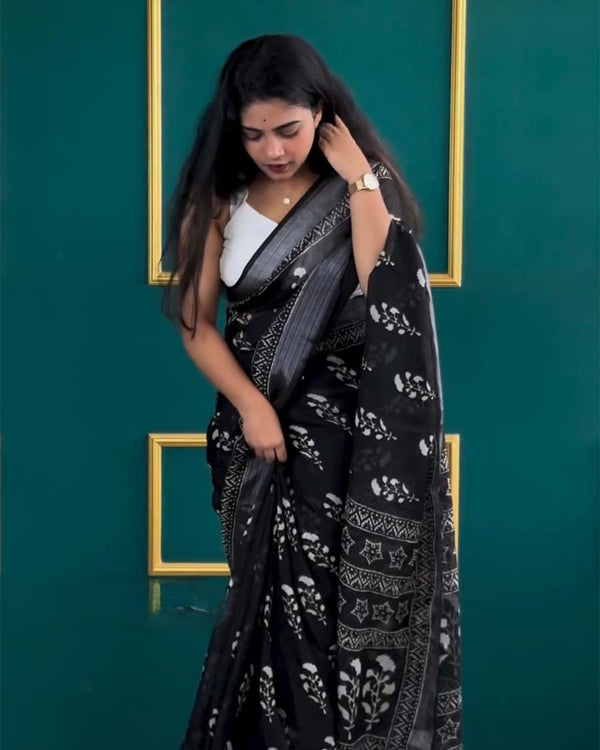 Black Color 1-Minute Ready To Wear Cotton Saree With Blouse Piece