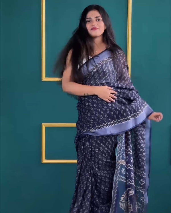 Navy Blue Color 1-Minute Ready To Wear Cotton Saree With Blouse Piece