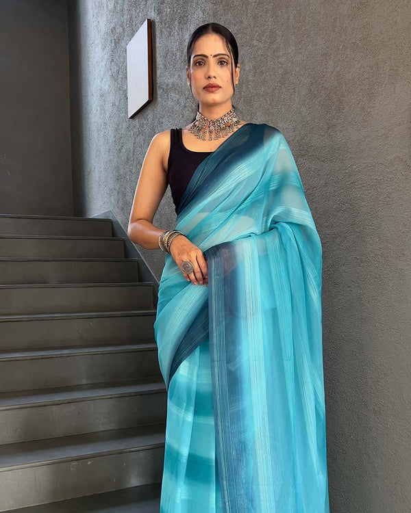 Sky Blue Color 1-Minute Ready To Wear Georgette Saree With Blouse Piece