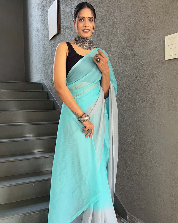 Sky Blue Color 1-Minute Ready To Wear Georgette Saree With Blouse Piece