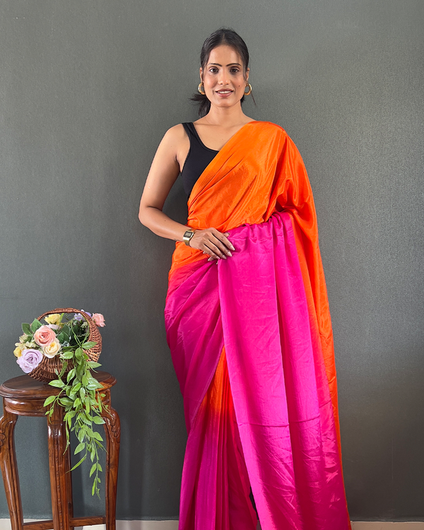Orange And Pink Color 1-Minute Ready To Wear Georgette Saree With Blouse Piece