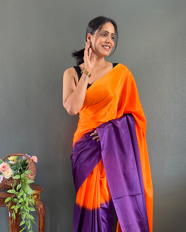 Orange And Purple Color 1-Minute Ready To Wear Georgette Saree With Blouse Piece