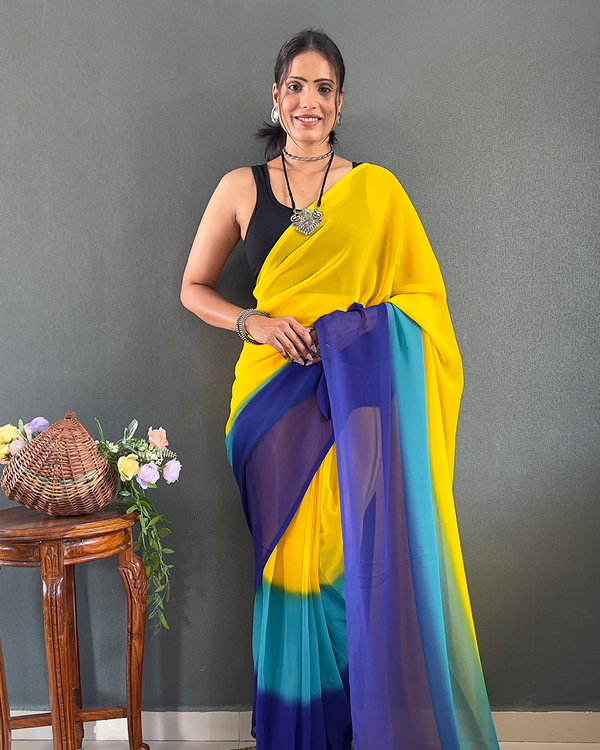 Yellow And Blue Color 1-Minute Ready To Wear Georgette Saree With Blouse Piece