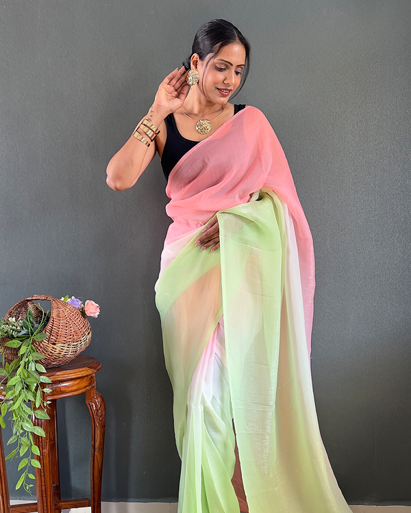 Pink And Green Color 1-Minute Ready To Wear Georgette Saree With Blouse Piece