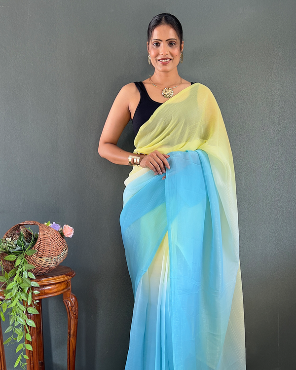 Blue And YellowColor 1-Minute Ready To Wear Georgette Saree With Blouse Piece
