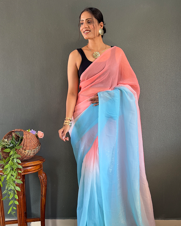 Pink And Blue Color 1-Minute Ready To Wear Georgette Saree With Blouse Piece