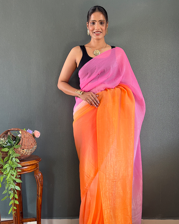 Pink And Orange Color 1-Minute Ready To Wear Georgette Saree With Blouse Piece
