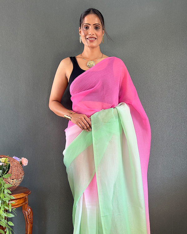 Pink And Green Color 1-Minute Ready To Wear Georgette Saree With Blouse Piece