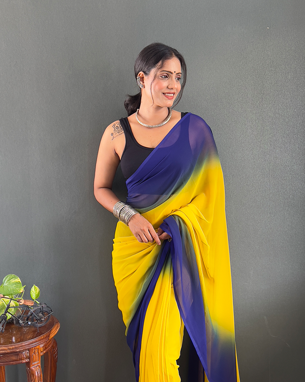 Yellow And Blue Color 1-Minute Ready To Wear Georgette Saree With Blouse Piece