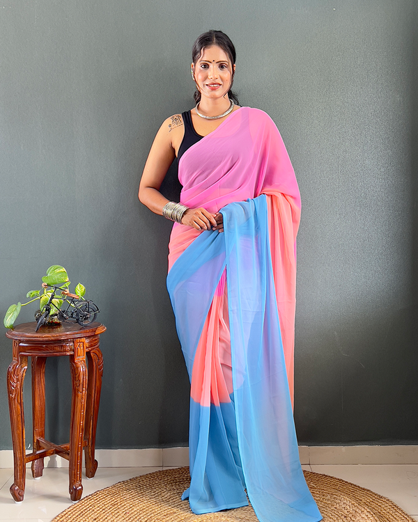 Pink And Blue Color 1-Minute Ready To Wear Georgette Saree With Blouse Piece