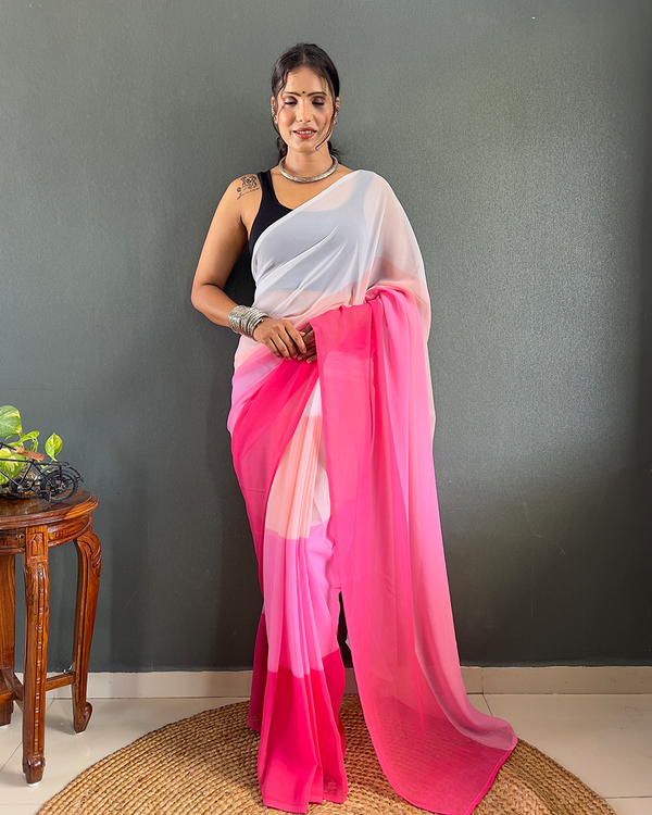 Pink And Blue Color 1-Minute Ready To Wear Georgette Saree With Blouse Piece