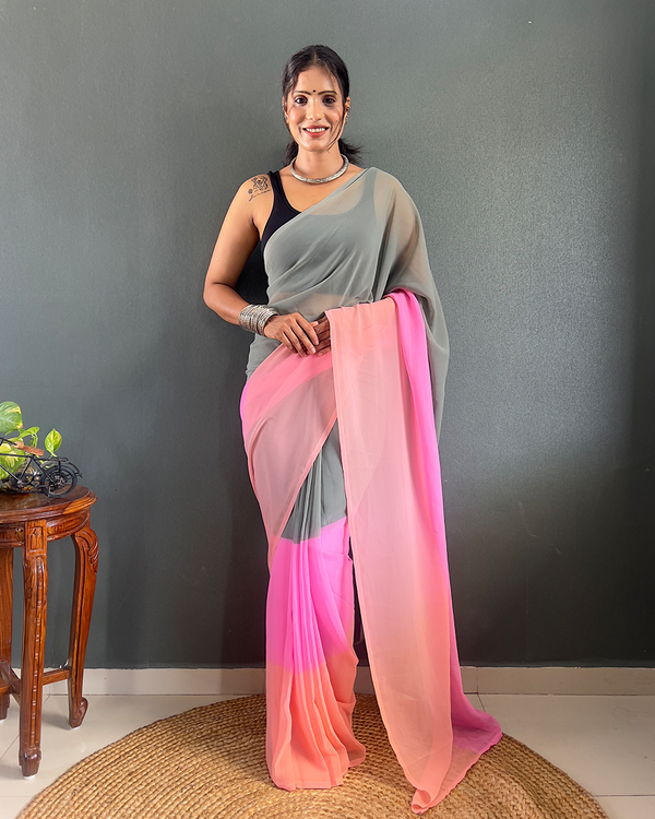 Pink And Blue Color 1-Minute Ready To Wear Georgette Saree With Blouse Piece
