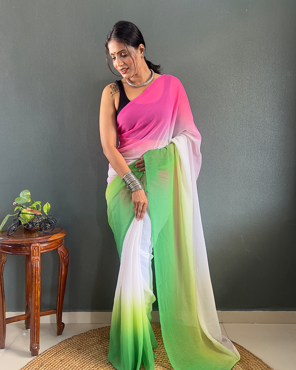 Pink And Green Color 1-Minute Ready To Wear Georgette Saree With Blouse Piece