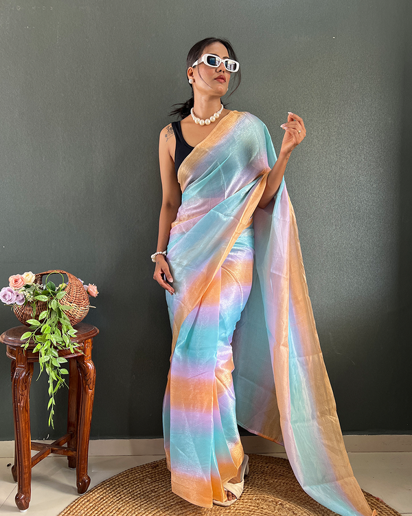 Light Blue Color 1-Minute Ready To Wear Georgette Saree With Blouse Piece