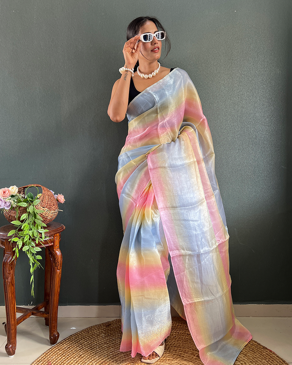 Dual Color 1-Minute Ready To Wear Georgette Saree With Blouse Piece