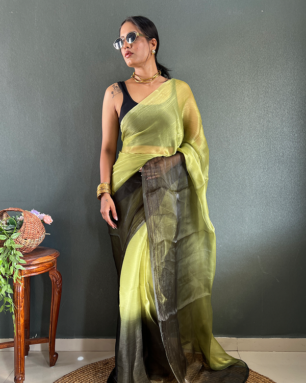 Perrot Green Color 1-Minute Ready To Wear Georgette Saree With Blouse Piece