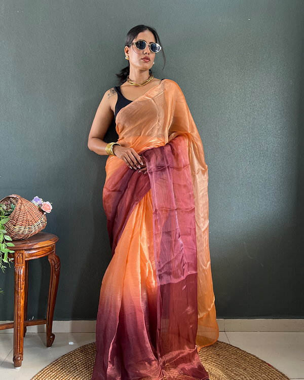 Orange Wine Color 1-Minute Ready To Wear Georgette Saree With Blouse Piece