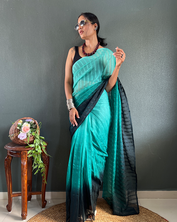 Bottle Green Color 1-Minute Ready To Wear Georgette Saree With Blouse Piece