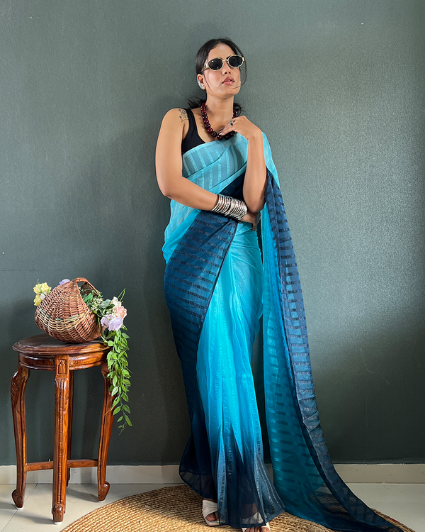 Blue Color 1-Minute Ready To Wear Georgette Saree With Blouse Piece