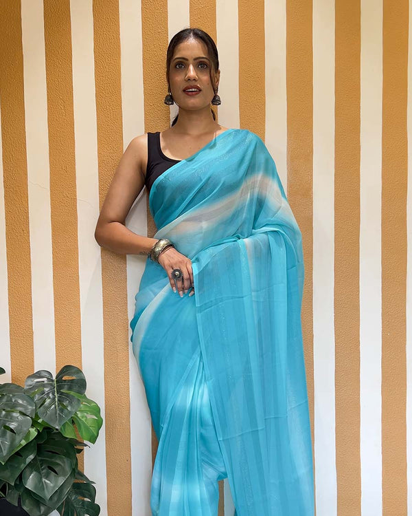 Sky Blue Color 1-Minute Ready To Wear Naylon Saree With Blouse Piece
