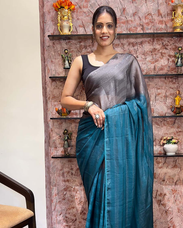 Bottle Blue Color 1-Minute Ready To Wear Naylon Saree With Blouse Piece