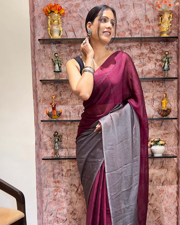Maroon Color 1-Minute Ready To Wear Naylon Saree With Blouse Piece