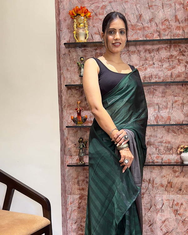 Dark Green Color 1-Minute Ready To Wear Naylon Saree With Blouse Piece