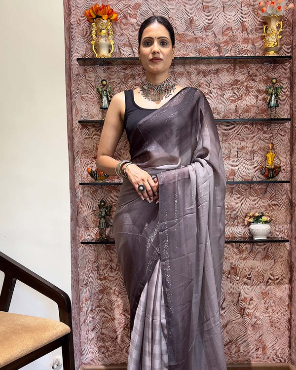 Grey Color 1-Minute Ready To Wear Naylon Saree With Blouse Piece