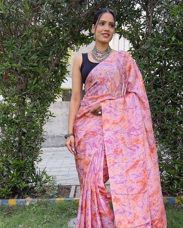 Pink color 1-Minute Ready To Wear Chinon Saree With Blouse Piece