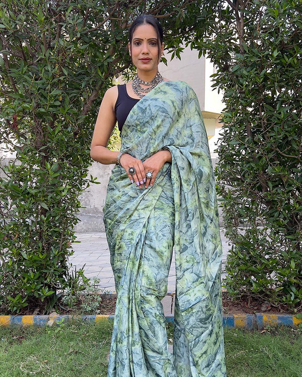 Green color 1-Minute Ready To Wear Chinon Saree With Blouse Piece