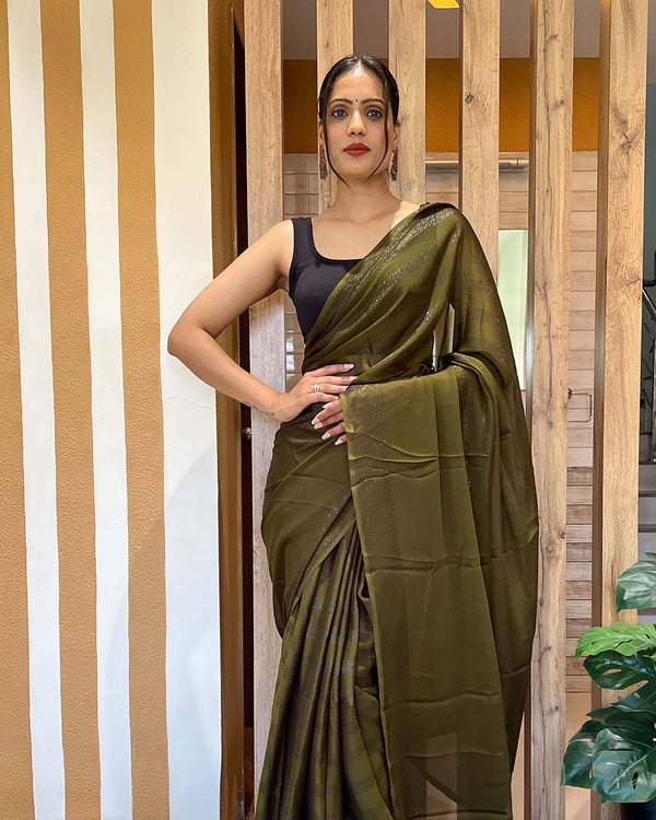 Mahendi Color 1-Minute Ready To Wear Naylon Saree With Blouse Piece