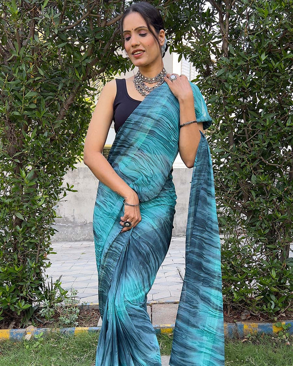 Sky Blue color 1-Minute Ready To Wear Naylon Saree With Blouse Piece