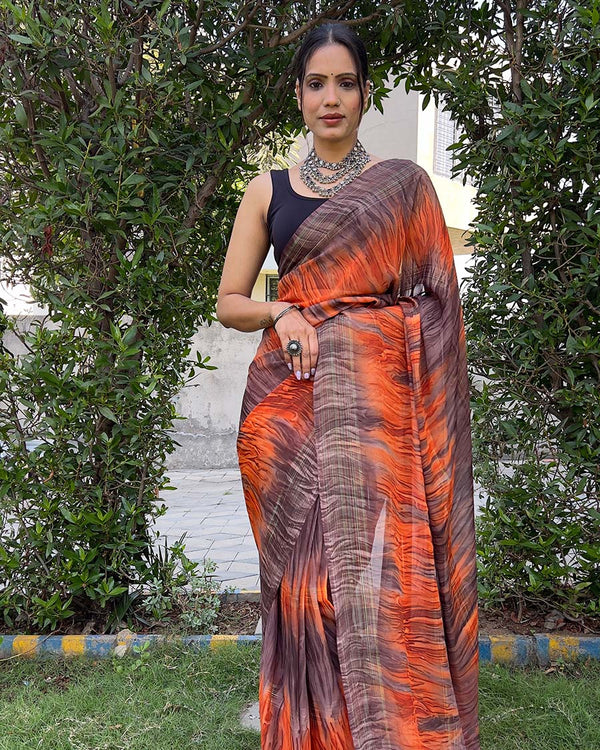 Orange color 1-Minute Ready To Wear Naylon Saree With Blouse Piece
