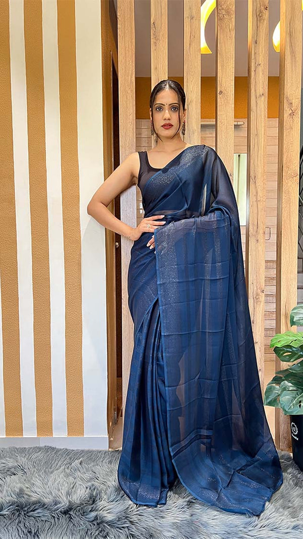 Navy Blue Color 1-Minute Ready To Wear Naylon Saree With Blouse Piece