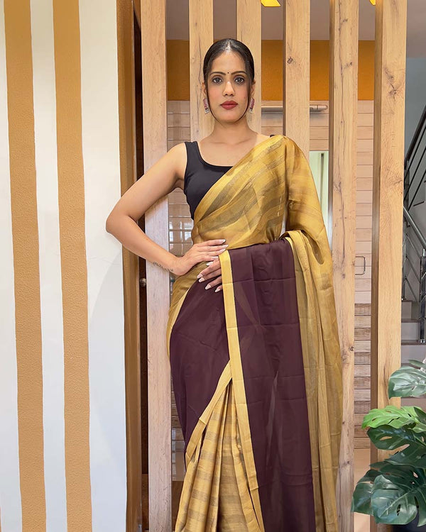 Coffee Color 1-Minute Ready To Wear Nylon Saree With Blouse Piece