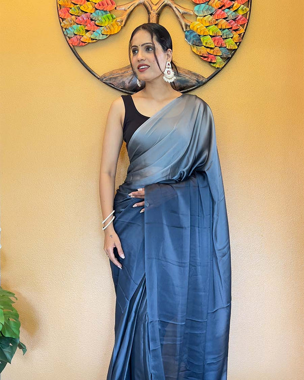 Blue Color 1-Minute Ready To Wear Chiffon Saree With Blouse Piece