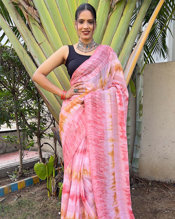 Light Pink color 1-Minute Ready To Wear Naylon Saree With Blouse Piece