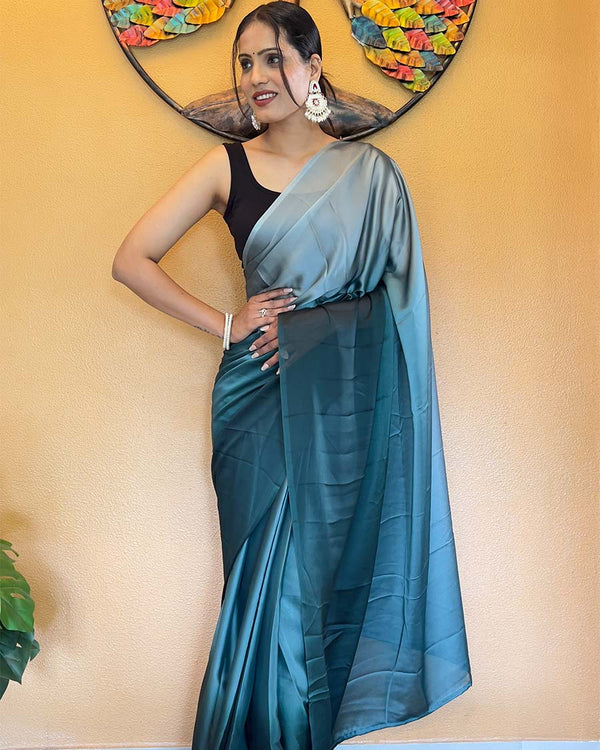 Rama Color 1-Minute Ready To Wear Chiffon Saree With Blouse Piece