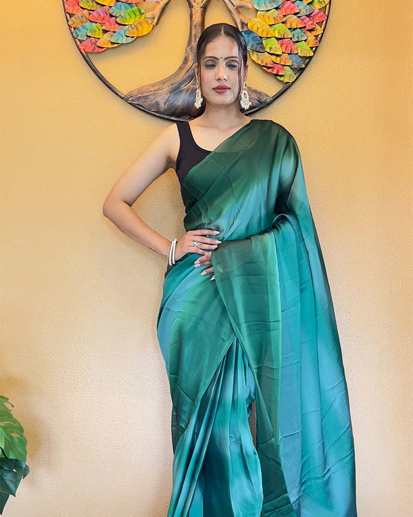 Bottle Green Color 1-Minute Ready To Wear Georgette Saree With Blouse Piece