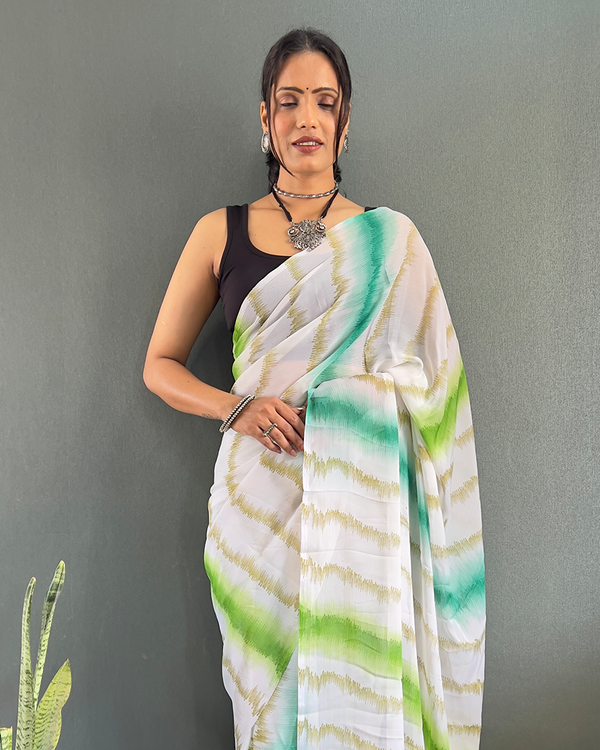 White Color 1-Minute Ready To Wear Georgette Saree With Blouse Piece