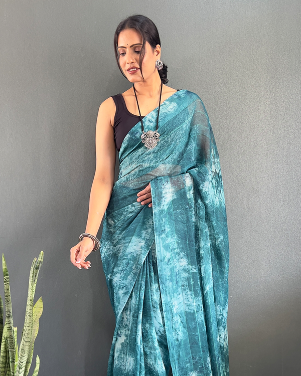 Bottle Blue Color 1-Minute Ready To Wear Georgette Saree With Blouse Piece
