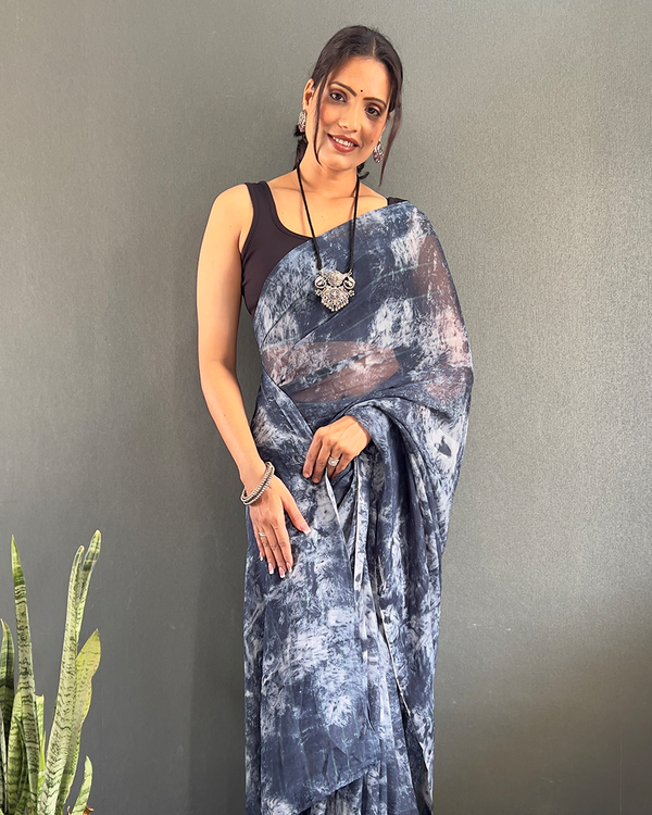 Blue Color 1-Minute Ready To Wear Georgette Saree With Blouse Piece
