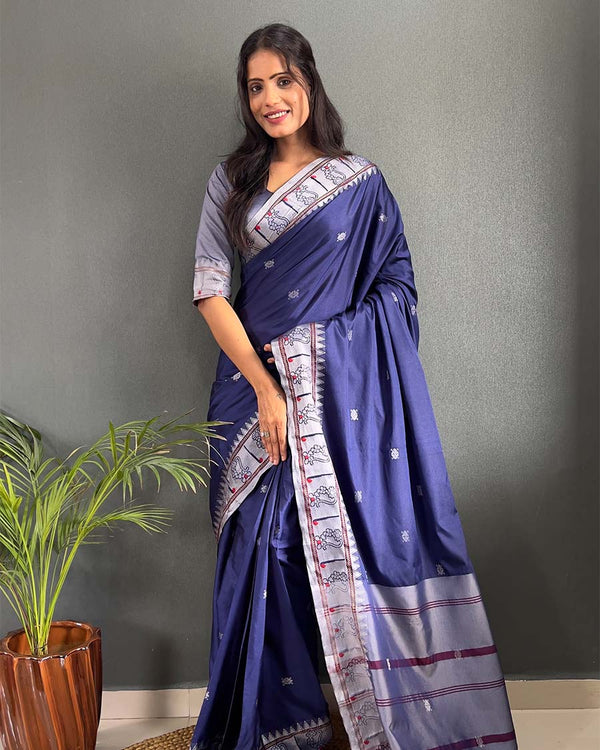 Navy Blue Color 1-Minute Ready To Wear Soft Banarasi Silk Saree With Blouse Piece